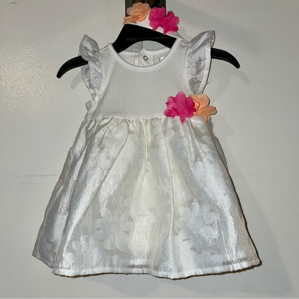 White Floral Organza Baby Dress with Pink & Peach Flower Accents